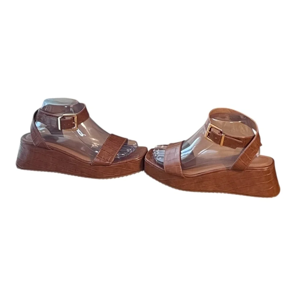ASOS Brown Croc Embossed‎ Platform Wedge Sandals Size 9